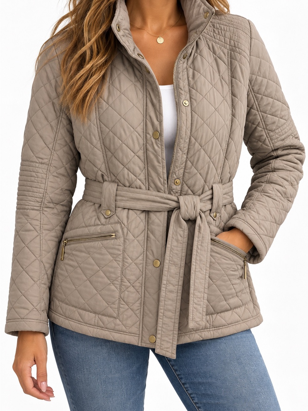 Gallery Women’s Large Beige Quilted Belted Jacket Gold Hardware